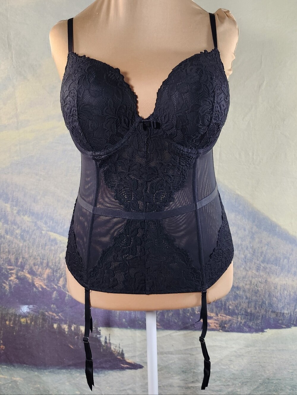 Frederick's Of Hollywood Jessica Black Lace Bustier Corset Garter Top XL